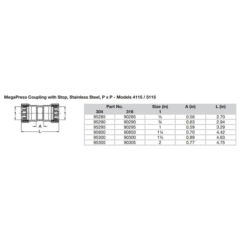 Load image into Gallery viewer, Viega MegaPress 1/2&quot; Stainless Steel 304 Coupling w/Stop - Double Press Connection - Smart Connect Technology [95285]
